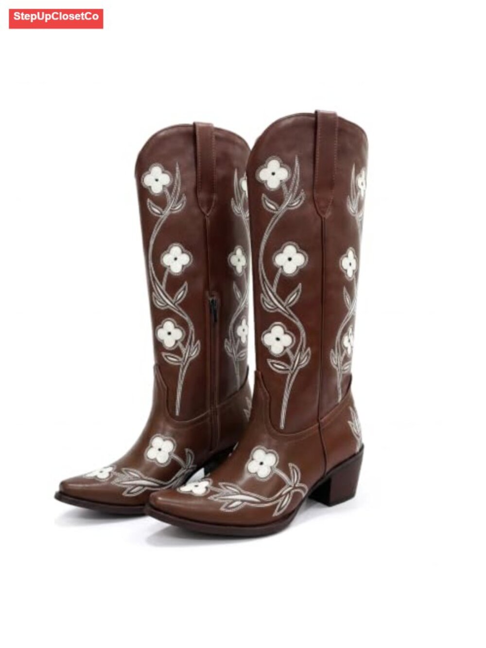 Knee High Cowboy Boots Floral Embroidered Chunky Heel Faux Leather